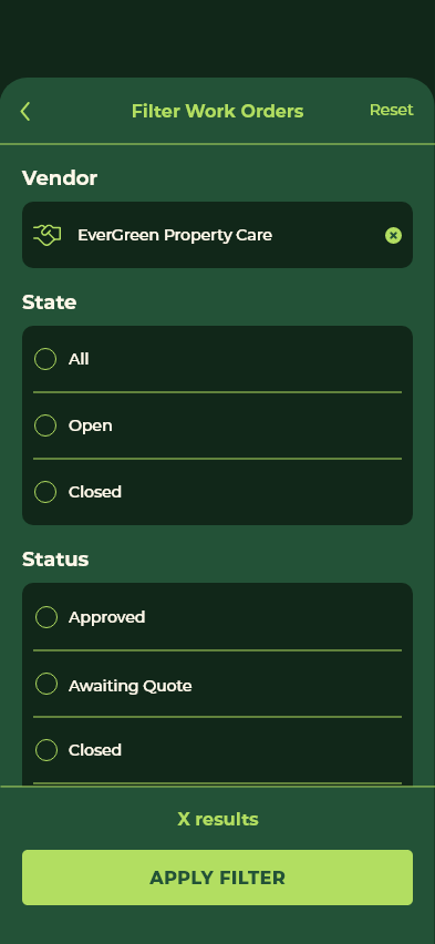 Filter WO – Vendor Selected