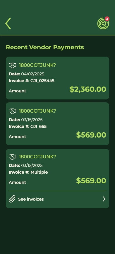 Vendor Info – Recent Payments